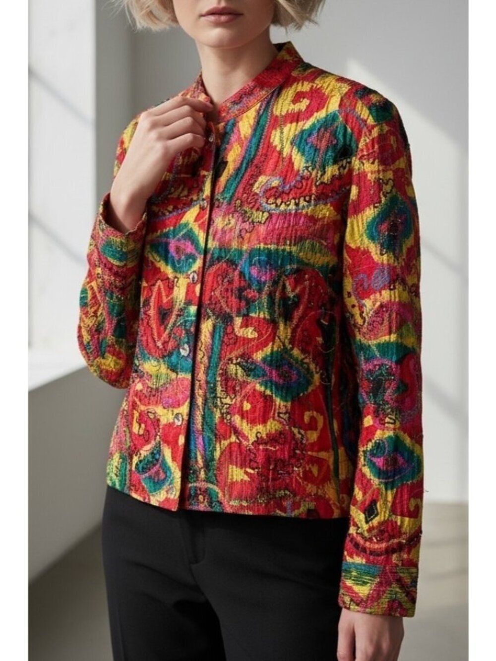 Chico’s Multicolor Silk Beaded Embroidered Jacket Artwear Size 2/L